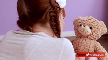 Redhead talks about her day with teddy bear before being fucked hard