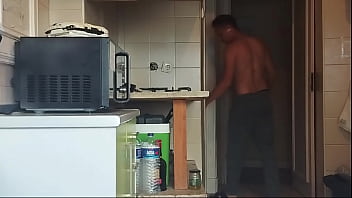 Hot guy went to clean the kitchen after taking a shower